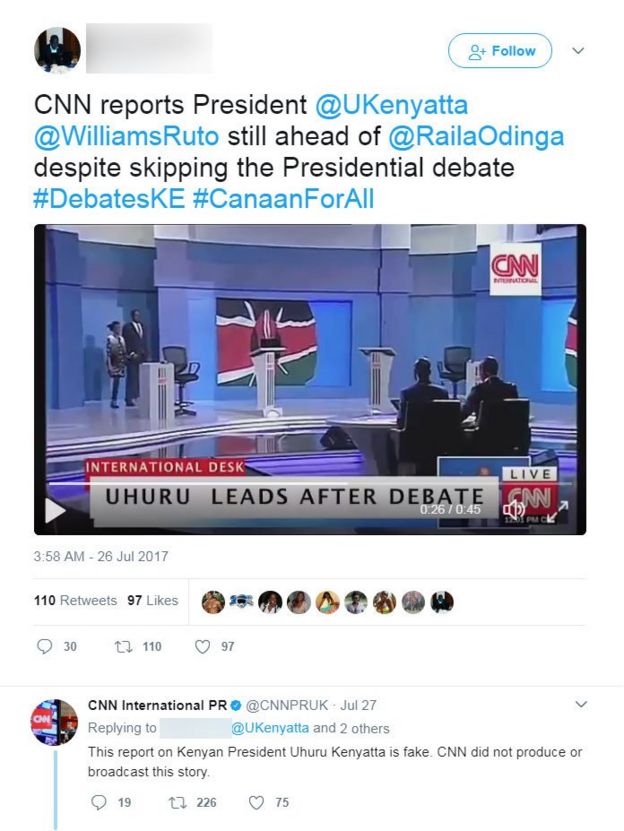 Tweet showing a screengrab of the fake video and CNN International PR saying the report is fake and not produced by CNN