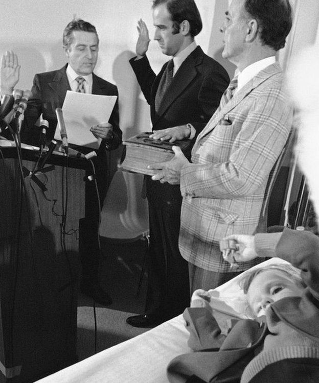 Joe Biden takes oath of office as senator for Delaware by his son Beau's hospital bed in 1973