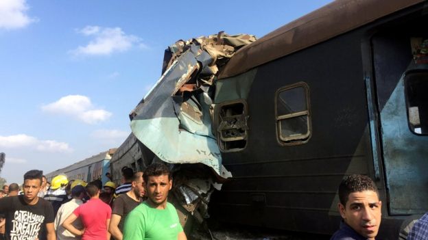 Thescene of a crash involving two trains near the Khorshid station in Egypt's coastal city of Alexandria, 11 August 2017