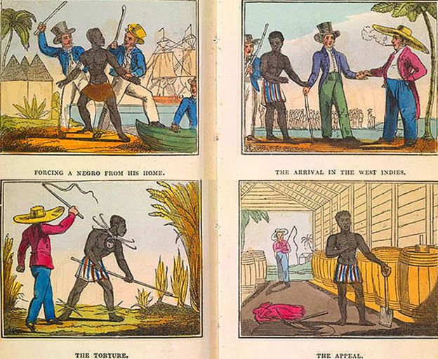 Dibujos ilustrando un poema contra la esclavitud.