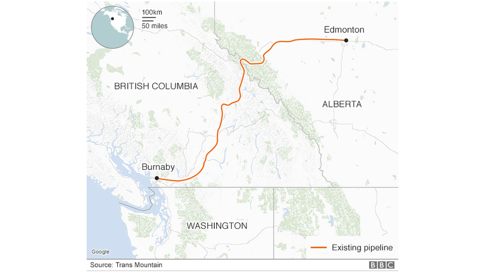 A map of the Trans Mountain pipeline route