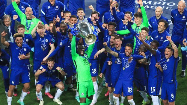 Edouard Mendy and Chelsea celebrate their 2021 Champions League success