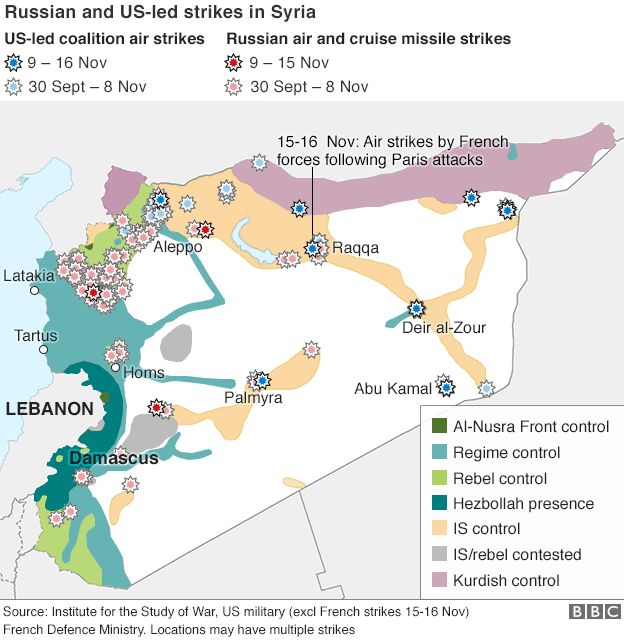 Map showing Russian and coalition air strikes in Syria