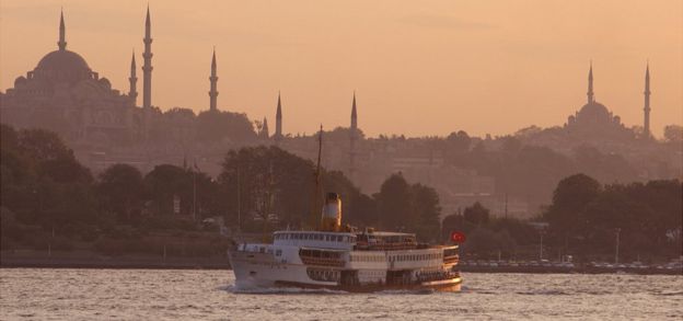 Istanbul skyline and Bosphorus ferry