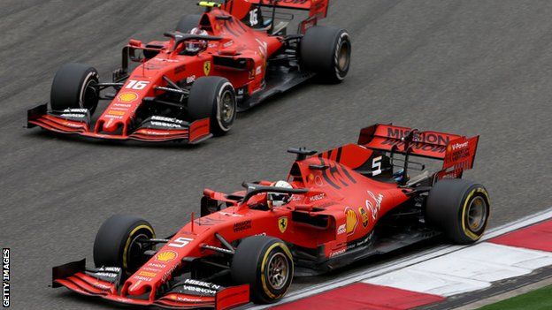 Sebastian Vettel leads Ferrari team-mate Charles Leclerc round a bend during the Chinese Grand Prix