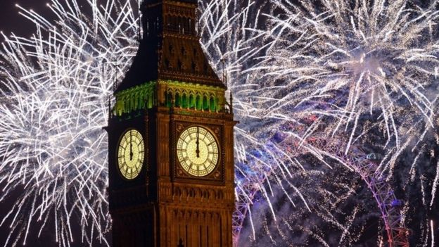 Fireworks at Big Ben, Houses of Parliament, London. - Midnight at Start of New Year 2013