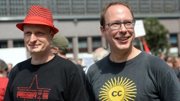 Founder of German news blog Netzpolitik org (Net politics), Markus Beckedahl (R), and one of the blog"s authors, Andre Meister