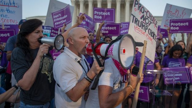 Pro-choice and anti-abortion protesters demonstrate in front of the US Supreme Court ahead of the announcement