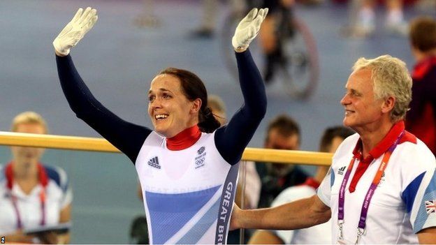 Great Britain's Victoria Pendleton with Prof Peters after claiming a silver medal during the women's sprint at the 2012 Olympics