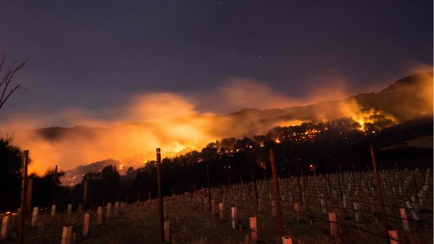 Fire burns along Napa valley hillsides
