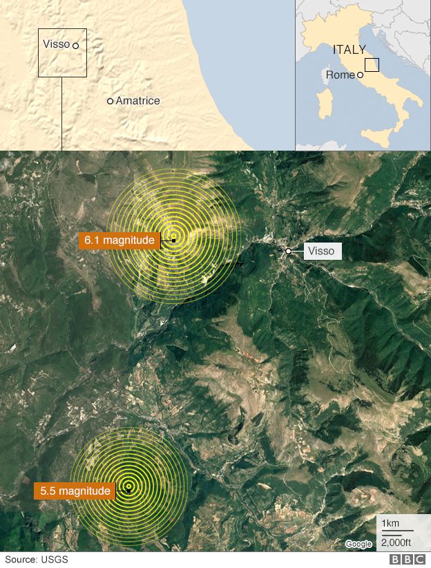 Map and satellite image showing Visso and the epicentres of the two earthquakes