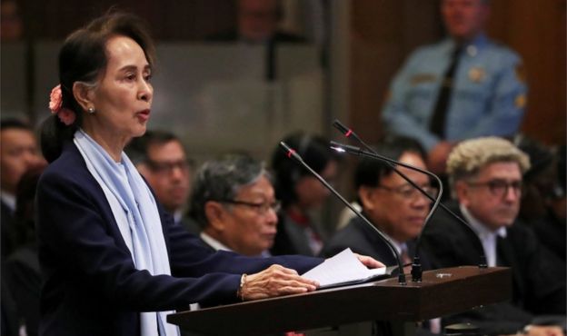 Myanmar's leader Aung San Suu Kyi speaks at the International Court of Justice in The Hague