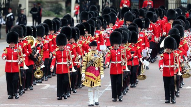 Members of the Welsh Guards, a regiment of Household Division, march to Horseguards parade during Trooping The Colour