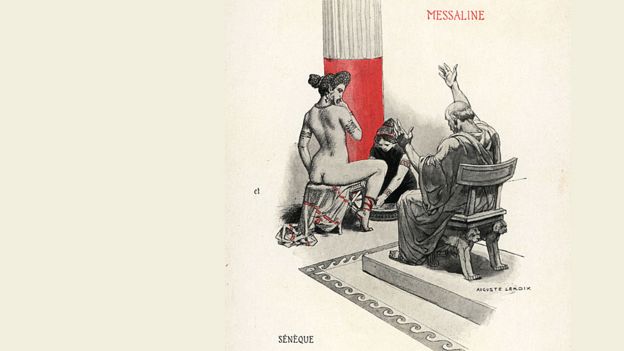 Descrita como implacável e sexualmente insaciável, Messalina aparece em ilustração, de autoria de Auguste Leroux, nua e ao lado de uma escrava e de Sêneca