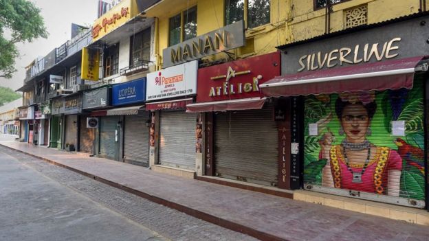 Deserted view of Khan Market during lockdown on April 29, 2020 in New Delhi, India.