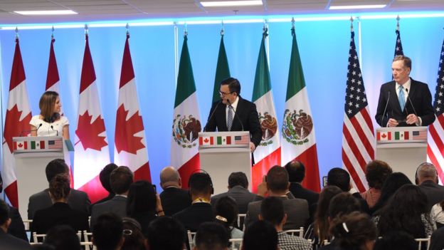 Ministra de Relaciones Exteriores de Canadá, Chrystia Freeland; Secretario de Economía de México, Ildefonso Guajardo Villarreal y Representante de Comercio de Estados Unidos, Robert Lighthizer.