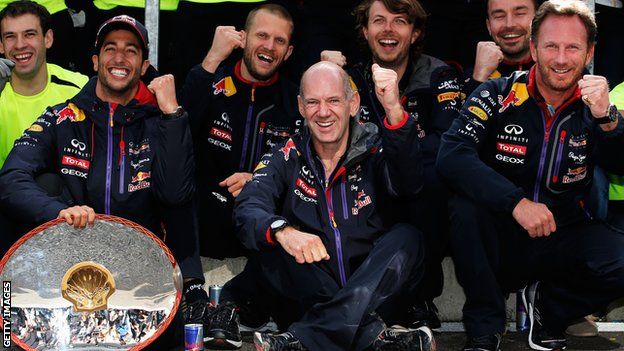 Adrian Newey celebrates Daniel Ricciardo's 2015 Belgian Grand Prix win