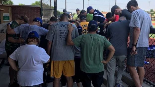 Lawmaker Ruben Kihuen‏ tweeted this photo of Democratic congressmen praying for the victims of the shooting