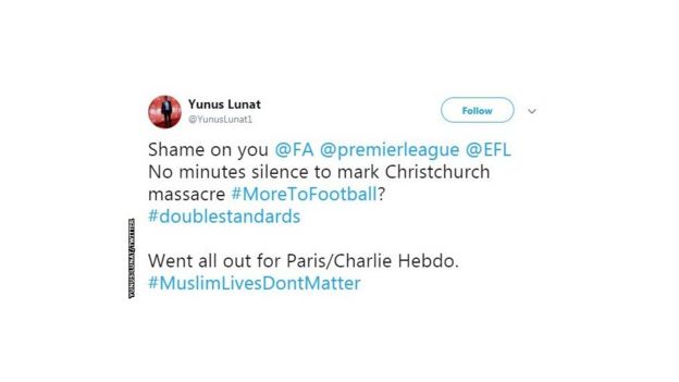 Tweet by Yunus Lunat criticising the Premier League