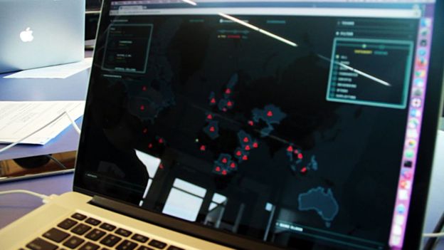 A computer screen showing a global map of systems used in the challenge.