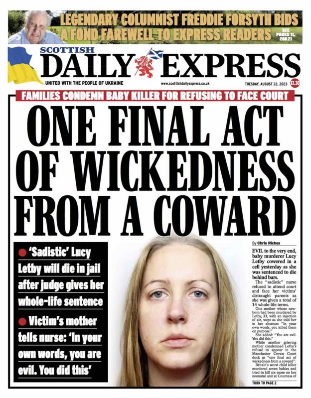 Scotland's papers 'Malevolent' Letby to die in jail for child murders