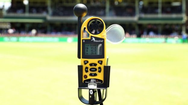 A temperature gauge displays a 57.5C in the middle of the SCG during day four of the fifth Ashes Test between Australia and England at Sydney Cricket Ground, 7 January 2018