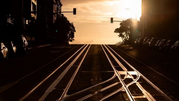 California Street, usually filled with cable cars, is seen empty in San Francisco, California