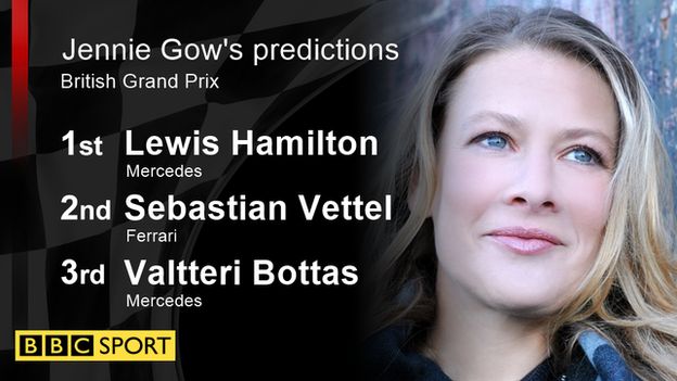 Jennie Gow's race predictions - 1st - Lewis Hamilton (Mercedes), 2nd - Sebastian Vettel (Ferrari), 3rd - Valtteri Bottas (Mercedes)