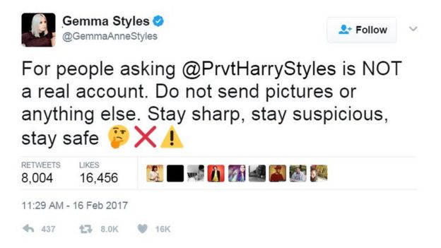 For people asking @PrvtHarryStyles is NOT a real account. Do not send pictures or anything else. Stay sharp, stay suspicious, stay safe