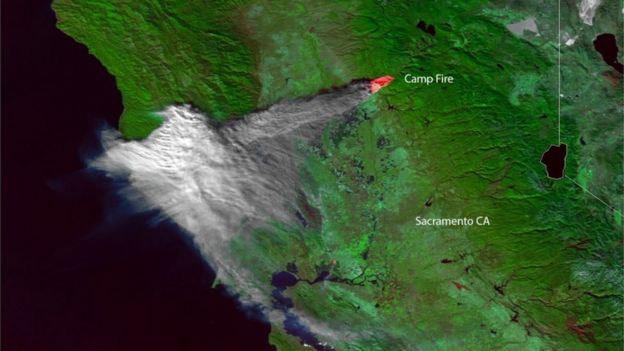 plumes of smoke from the Camp Fire stretching across portions of Northern California