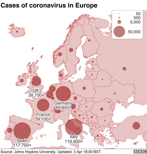 Map showing number of cases in Europe