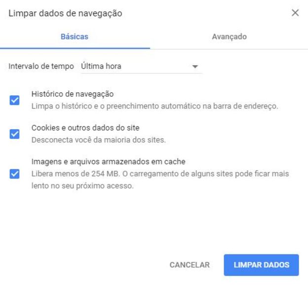 Imagem da tela de limpeza de dados de navegação, no Chrome