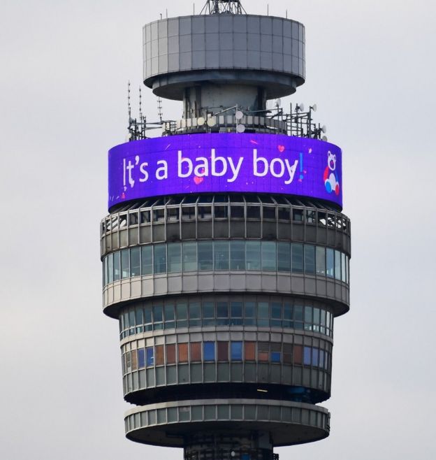 The BT Tower in London displaying the message "It's a baby boy"