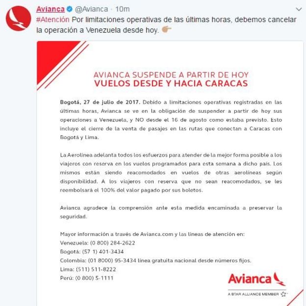 Mensaje de Avianca en Twitter