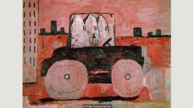 Philip Guston's cartoonish works from the 1960s, such as City Limits, often featured gangs of hooded Klansmen