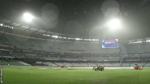 The pitch is covered at the Melbourne Cricket Ground