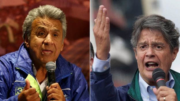 A composite picture of Ecuadorean presidential candidates Lenin Moreno and Guillermno Lasso