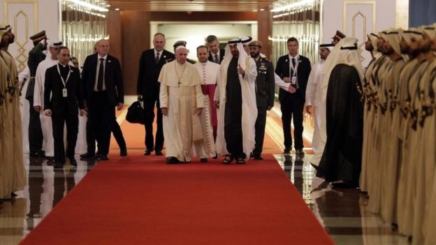 Pope Francis is welcomed by Abu Dhabi"s Crown Prince Sheikh Mohammed bin Zayed Al Nahyan