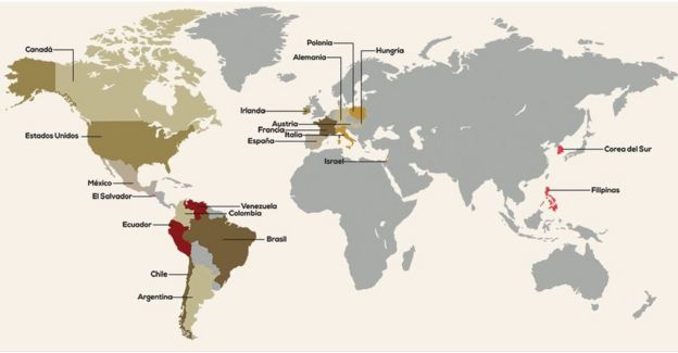 Un mapa con países con presencia de Legionarios de Cristo