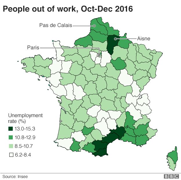 Map showing unemployment rates across France