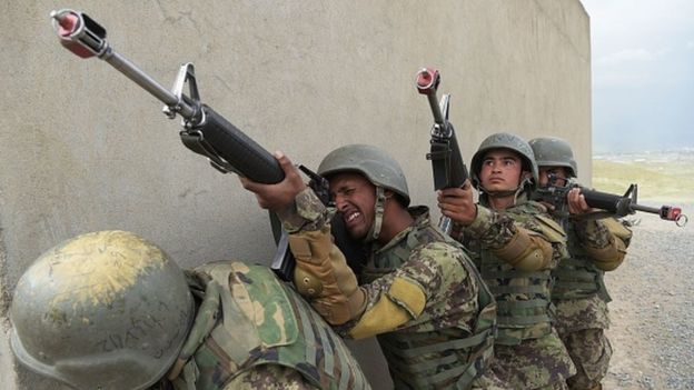 Afghan National Army soldiers train at the Kabul Military training centre