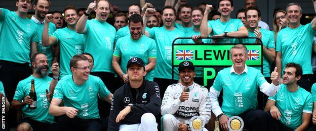 Mercedes celebrate winning their second consecutive constructors title after the Russian Grand Prix