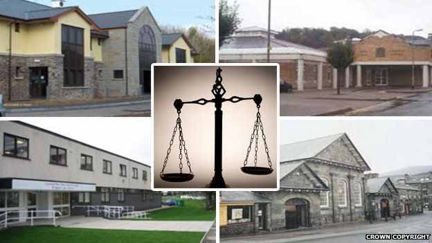 Clockwise from top: Brecon Law Courts, Neath and Port Talbot Court, Dolgellau Magistrates' Court and Bridgend Law Courts