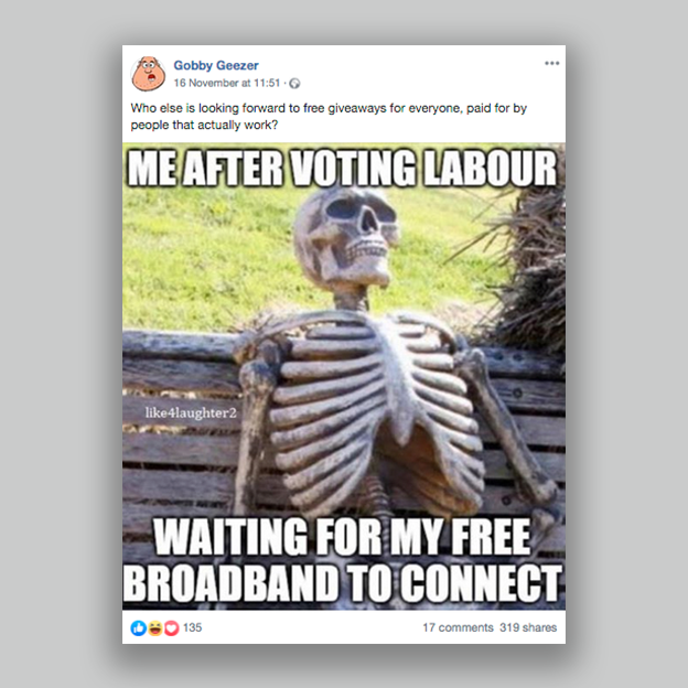 A post showing a skeleton with the caption "Me after voting Labour, waiting for my free broadband to connect."