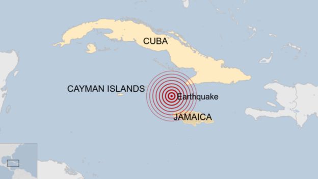 Um mapa mostrando onde ocorreu um terremoto no Caribe