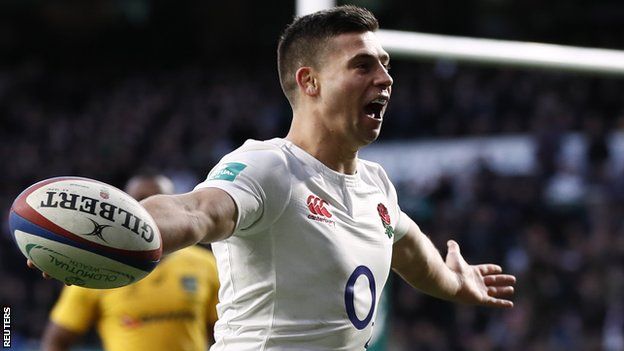 Ben Youngs celebrates his sublime try for England