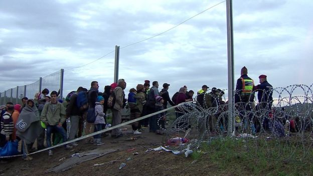 Migrantes entran a Hungría, en octubre de 2016, durante el auge de la crisis migratoria.
