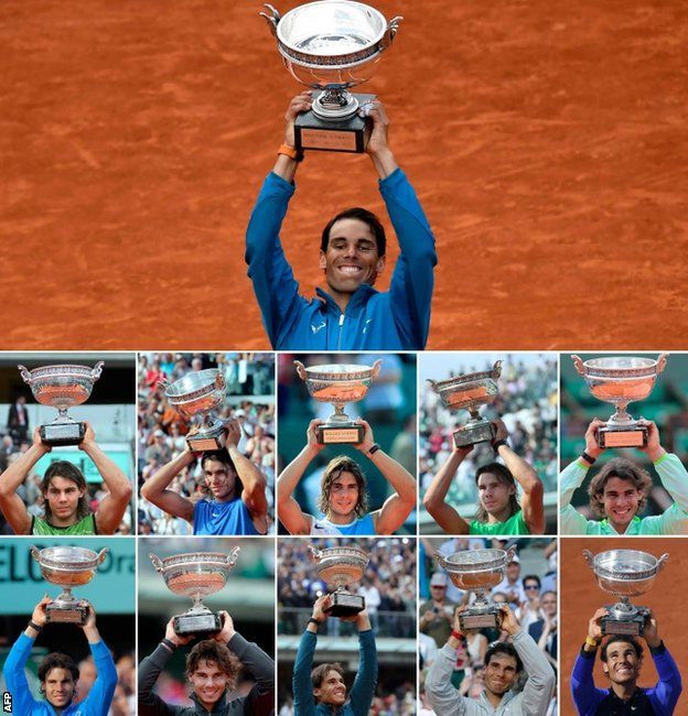 Nadal with all of his 11 French Open trophies