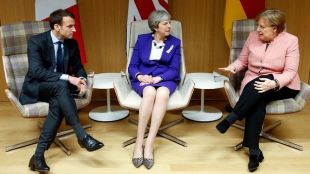 From left to right: French President Emmanuel Macron, UK Prime Minister Theresa May and German Chancellor Angela Merkel. File photo