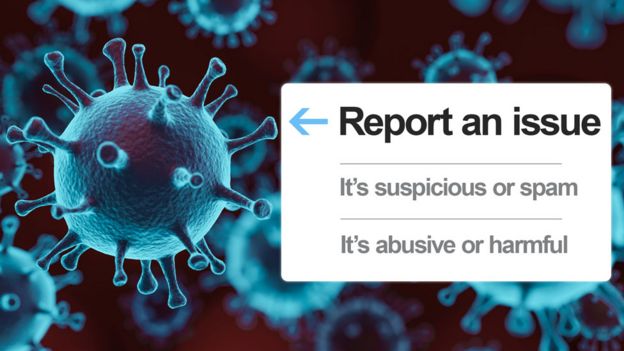A coronavirus stock image is seen with a mock-up of Twitter's "report an issue" banner overlaid
